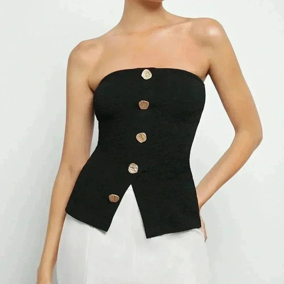 Black Casual Women's Button Front Split Hem Bandeau Top - Picture 7 of 7